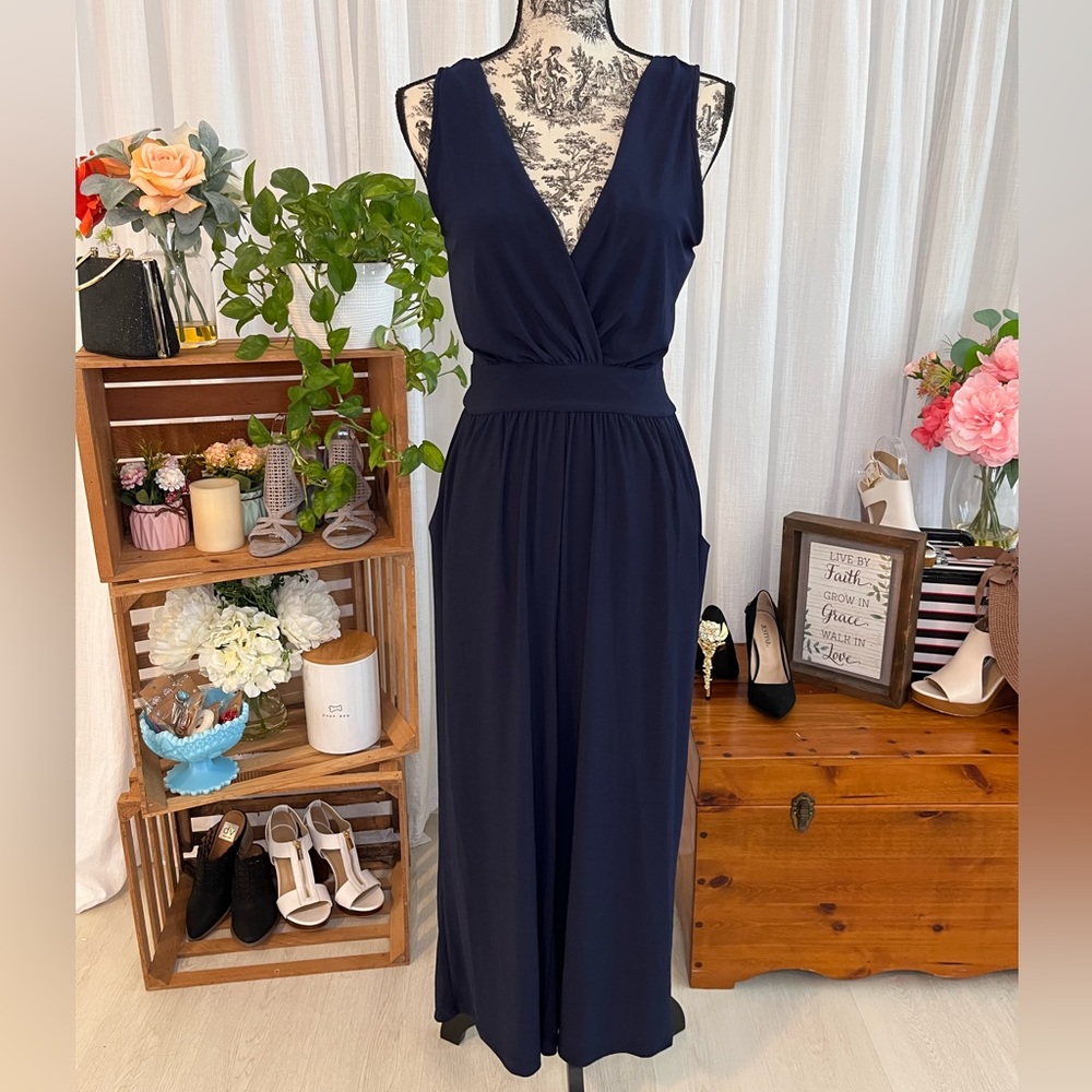 Gilli Navy Blue Jumpsuit Deep V Neck Wide Legged